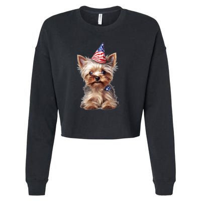 Yorkshire Terrier Dog Cute Yorkshire Terrier Puppy USA Flag Yorkie Cropped Pullover Crew