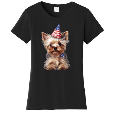 Yorkshire Terrier Dog Cute Yorkshire Terrier Puppy USA Flag Yorkie Women's T-Shirt