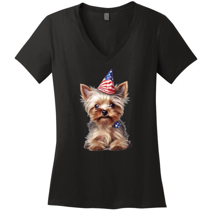 Yorkshire Terrier Dog Cute Yorkshire Terrier Puppy USA Flag Yorkie Women's V-Neck T-Shirt