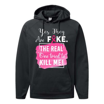 Yes They're Fake Pink Ribbon Breast Cancer Survivor Performance Fleece Hoodie