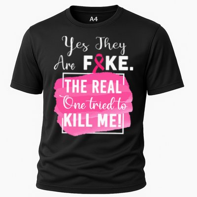 Yes They're Fake Pink Ribbon Breast Cancer Survivor Cooling Performance Crew T-Shirt