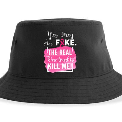 Yes They're Fake Pink Ribbon Breast Cancer Survivor Sustainable Bucket Hat