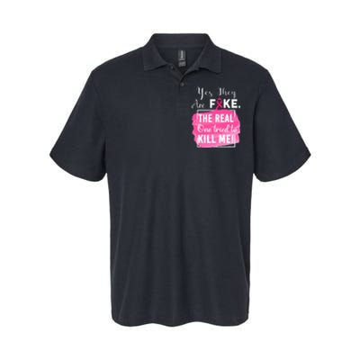 Yes They're Fake Pink Ribbon Breast Cancer Survivor Softstyle Adult Sport Polo