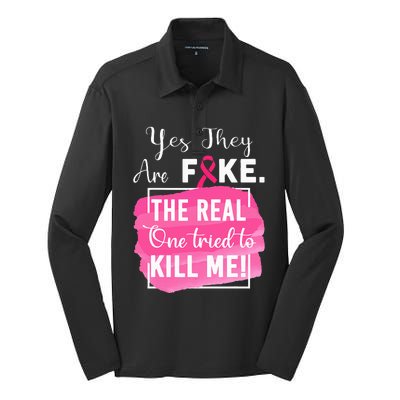 Yes They're Fake Pink Ribbon Breast Cancer Survivor Silk Touch Performance Long Sleeve Polo