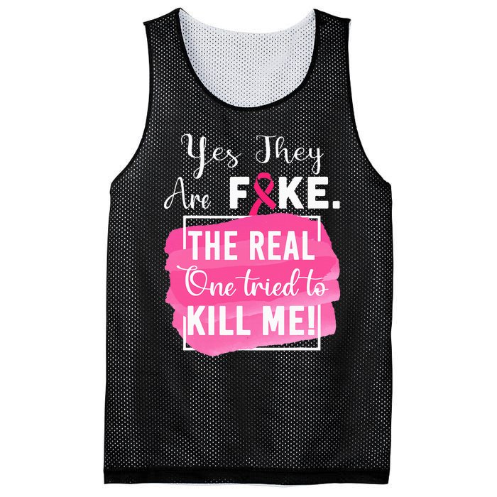 Yes They're Fake Pink Ribbon Breast Cancer Survivor Mesh Reversible Basketball Jersey Tank