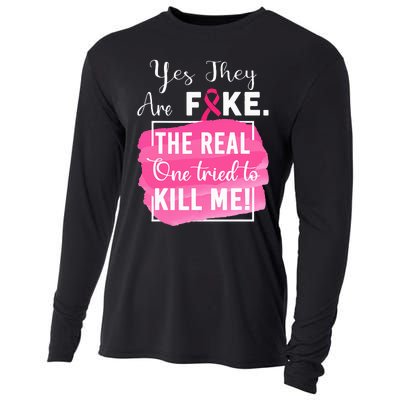 Yes They're Fake Pink Ribbon Breast Cancer Survivor Cooling Performance Long Sleeve Crew