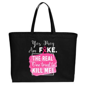 Yes They're Fake Pink Ribbon Breast Cancer Survivor Cotton Canvas Jumbo Tote