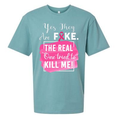 Yes They're Fake Pink Ribbon Breast Cancer Survivor Sueded Cloud Jersey T-Shirt