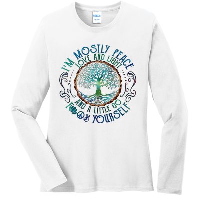 Yoga tree root color- I'm mostly Peace love & light Meditate Ladies Long Sleeve Shirt