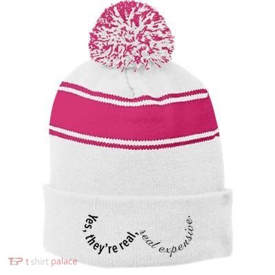 Yes They're Real  Stripe Pom Pom Beanie