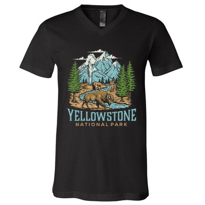 Yellowstone Us National Park Wolf Bison Bear V-Neck T-Shirt