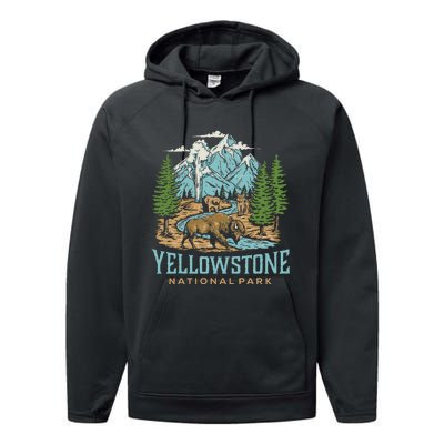 Yellowstone Us National Park Wolf Bison Bear Vintage Gift Performance Fleece Hoodie