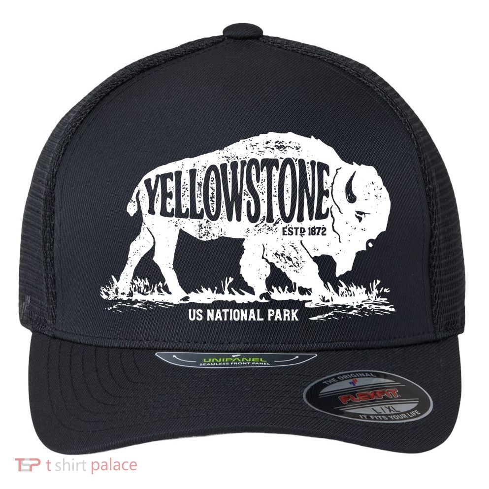 Yellowstone US National Park Bison Buffalo Vintage Men Women Flexfit Unipanel Trucker Cap