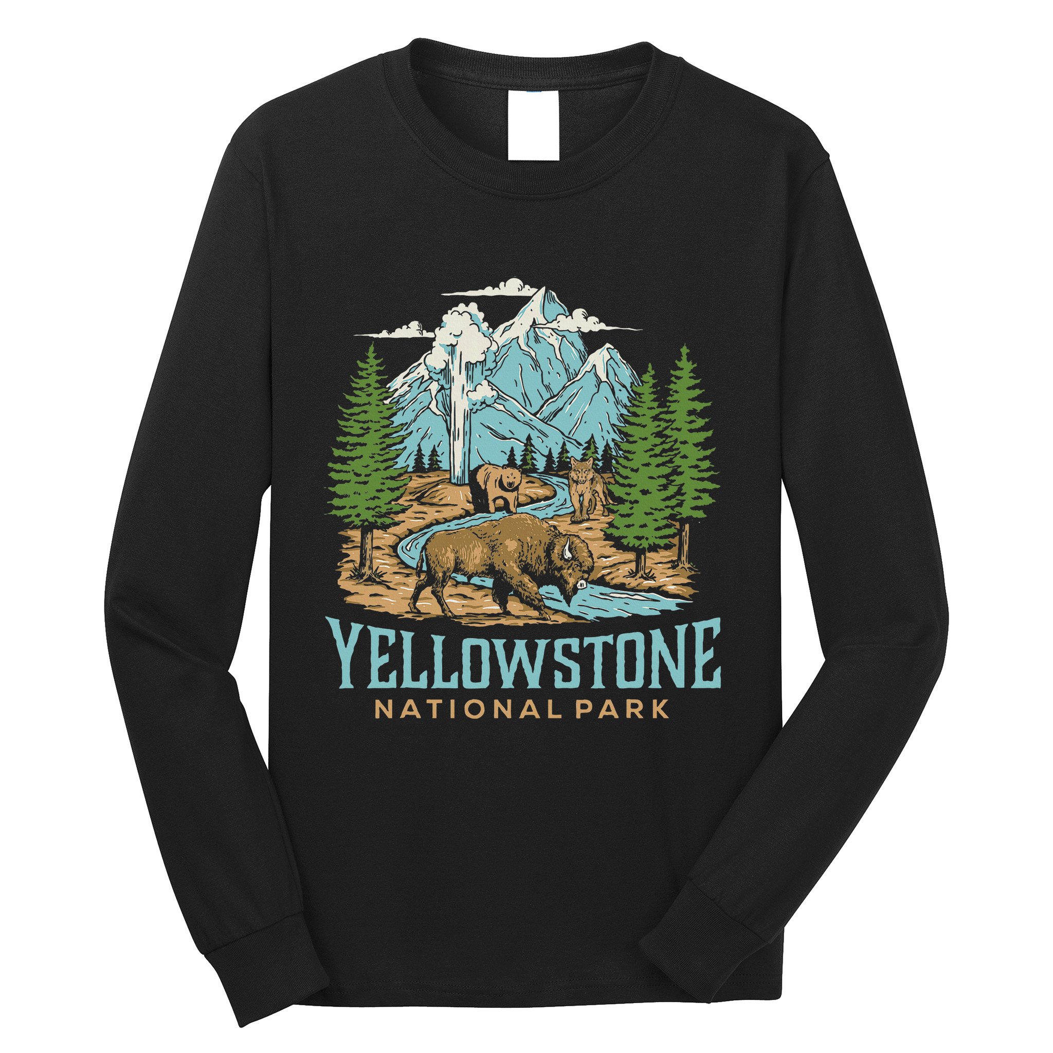 Yellowstone Us National Park Wolf Bison Bear Vintage Long Sleeve Shirt
