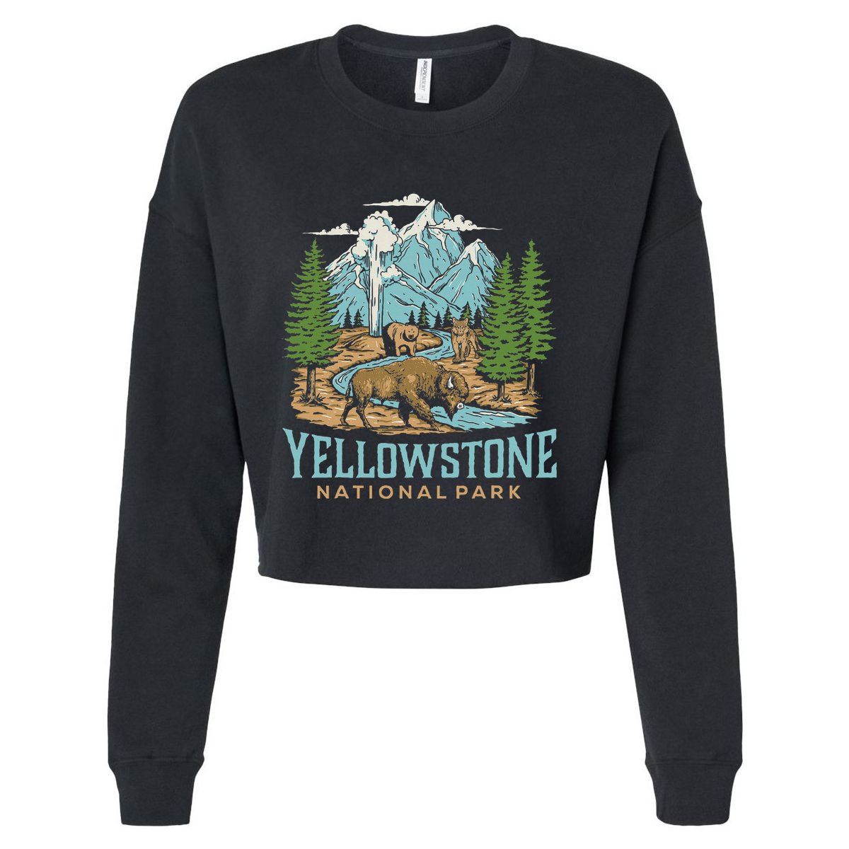 Yellowstone Us National Park Wolf Bison Bear Vintage Cropped Pullover Crew
