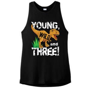 Young Wild And Three (3) Dinosaur Trex Birthday Boy Ladies PosiCharge Tri-Blend Wicking Tank