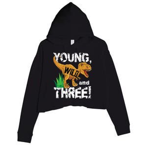 Young Wild And Three (3) Dinosaur Trex Birthday Boy Crop Fleece Hoodie