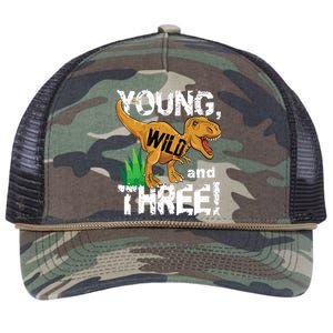 Young Wild And Three (3) Dinosaur Trex Birthday Boy Retro Rope Trucker Hat Cap