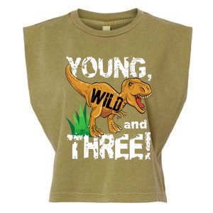 Young Wild And Three (3) Dinosaur Trex Birthday Boy Garment-Dyed Women's Muscle Tee