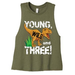 Young Wild And Three (3) Dinosaur Trex Birthday Boy Women's Racerback Cropped Tank