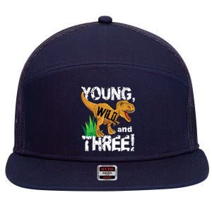 Young Wild And Three (3) Dinosaur Trex Birthday Boy 7 Panel Mesh Trucker Snapback Hat