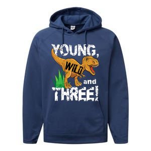 Young Wild And Three (3) Dinosaur Trex Birthday Boy Performance Fleece Hoodie