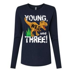 Young Wild And Three (3) Dinosaur Trex Birthday Boy Womens Cotton Relaxed Long Sleeve T-Shirt