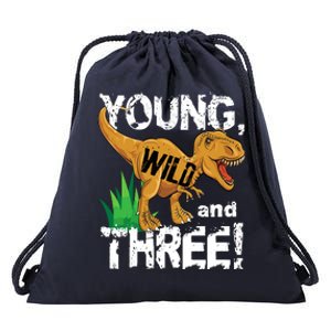 Young Wild And Three (3) Dinosaur Trex Birthday Boy Drawstring Bag