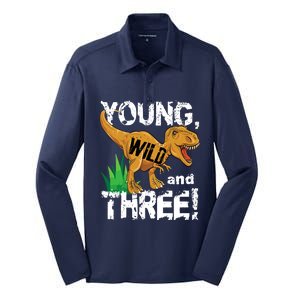 Young Wild And Three (3) Dinosaur Trex Birthday Boy Silk Touch Performance Long Sleeve Polo