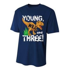 Young Wild And Three (3) Dinosaur Trex Birthday Boy Performance Sprint T-Shirt