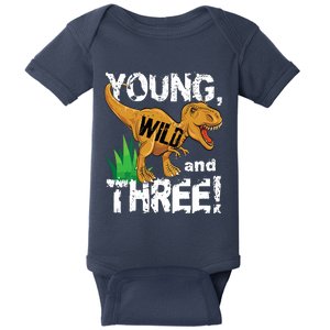 Young Wild And Three (3) Dinosaur Trex Birthday Boy Baby Bodysuit