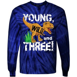 Young Wild And Three (3) Dinosaur Trex Birthday Boy Tie-Dye Long Sleeve Shirt