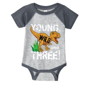 Young Wild And Three (3) Dinosaur Trex Birthday Boy Infant Baby Jersey Bodysuit