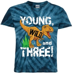 Young Wild And Three (3) Dinosaur Trex Birthday Boy Kids Tie-Dye T-Shirt