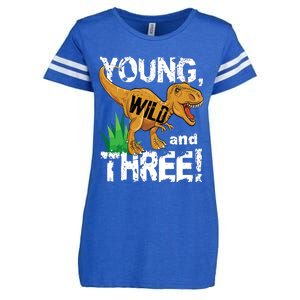 Young Wild And Three (3) Dinosaur Trex Birthday Boy Enza Ladies Jersey Football T-Shirt