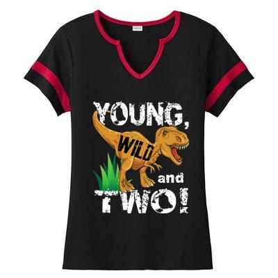 Young, Wild and Two 2 year old dinosaur birthday shirt boy Ladies Halftime Notch Neck Tee