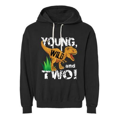 Young, Wild and Two 2 year old dinosaur birthday shirt boy Garment-Dyed Fleece Hoodie