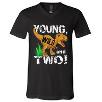 Young, Wild and Two 2 year old dinosaur birthday shirt boy V-Neck T-Shirt