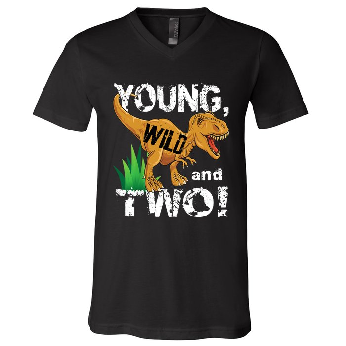 Young, Wild and Two 2 year old dinosaur birthday shirt boy V-Neck T-Shirt