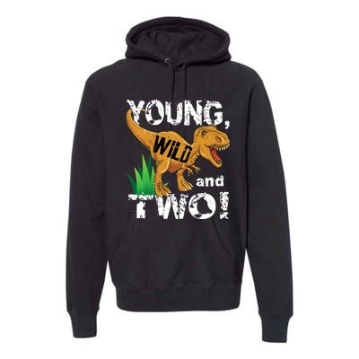 Young, Wild and Two 2 year old dinosaur birthday shirt boy Premium Hoodie