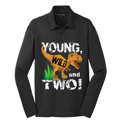 Young, Wild and Two 2 year old dinosaur birthday shirt boy Silk Touch Performance Long Sleeve Polo