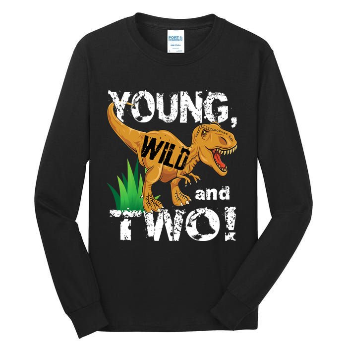 Young, Wild and Two 2 year old dinosaur birthday shirt boy Tall Long Sleeve T-Shirt