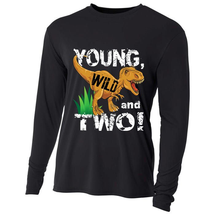 Young, Wild and Two 2 year old dinosaur birthday shirt boy Cooling Performance Long Sleeve Crew