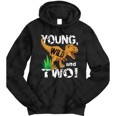 Young, Wild and Two 2 year old dinosaur birthday shirt boy Tie Dye Hoodie