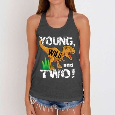 Young, Wild and Two 2 year old dinosaur birthday shirt boy Women's Knotted Racerback Tank