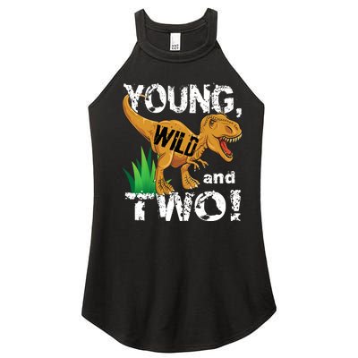 Young, Wild and Two 2 year old dinosaur birthday shirt boy Women’s Perfect Tri Rocker Tank