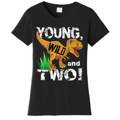 Young, Wild and Two 2 year old dinosaur birthday shirt boy Women's T-Shirt