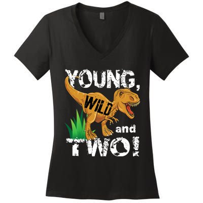 Young, Wild and Two 2 year old dinosaur birthday shirt boy Women's V-Neck T-Shirt