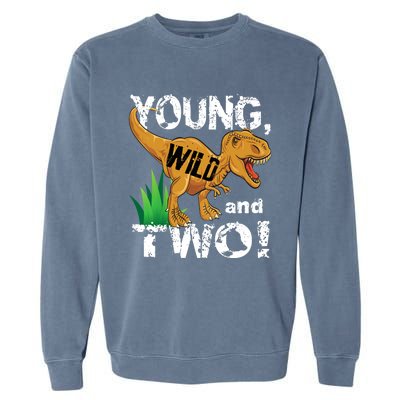 Young, Wild and Two 2 year old dinosaur birthday shirt boy Garment-Dyed Sweatshirt