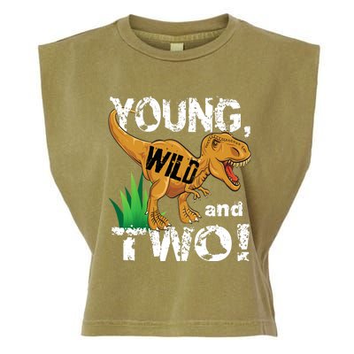 Young, Wild and Two 2 year old dinosaur birthday shirt boy Garment-Dyed Women's Muscle Tee